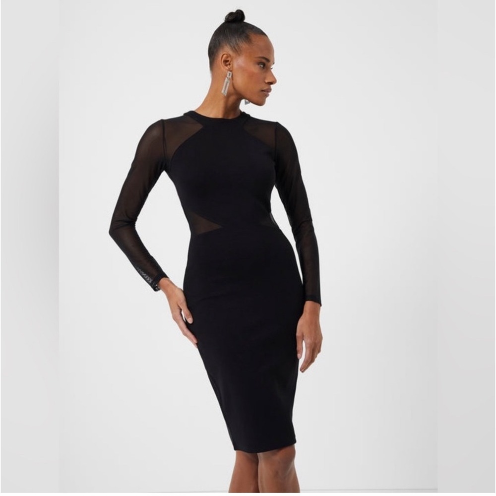 French Connection‎ Black Sheer Mesh Long Sleeve Bodycon Cocktail Party Dress - Picture 2 of 11
